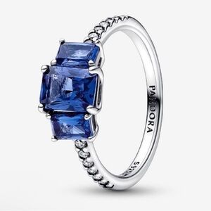 Pandora Blue Rectanglular Three Stone Sterling Silver Statement Ring NEW